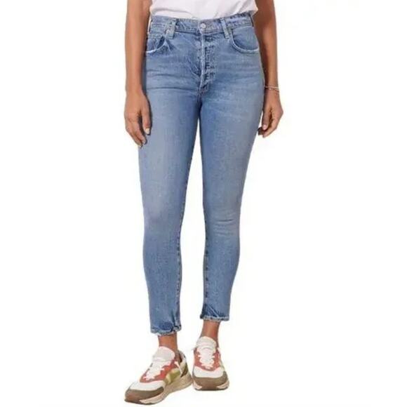 AGOLDE Nico High Rise Button Fly Denim Jeans Slim Frayed Hem Capsule Minimalist - Picture 1 of 13